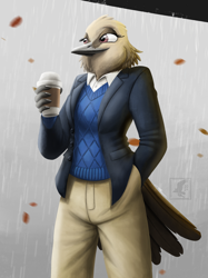 Size: 1662x2217 | Tagged: safe, artist:theavianoperator, oc, oc:millie parker, bird, starling, anthro, bottomwear, clothes, coffee cup, female, pants, solo, sweater vest