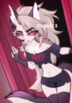 Size: 1431x2048 | Tagged: safe, artist:cvpid_13, loona (vivzmind), canine, fictional species, hellhound, mammal, anthro, hazbin hotel, helluva boss, 2025, bottomwear, breasts, clothes, crop top, ear piercing, female, fingerless gloves, gloves, legwear, lidded eyes, looking at you, midriff, piercing, short shorts, shorts, solo, solo female, thigh highs, topwear