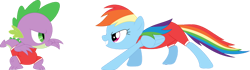 Size: 828x233 | Tagged: safe, artist:porygon2z, rainbow dash (mlp), spike (mlp), dragon, equine, fictional species, mammal, pegasus, pony, reptile, scaled dragon, western dragon, feral, semi-anthro, friendship is magic, hasbro, my little pony, 2d, duo, female, grin, looking at each other, male, mare, on model, simple background, smiling, standing, transparent background, ungulate, wrestling outfit, young