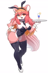 Size: 2716x4096 | Tagged: suggestive, artist:namuta123, chipmunk, mammal, rodent, sciurid, squirrel, anthro, absolute cleavage, alcohol, big breasts, breasts, buckteeth, bunny suit, cleavage, clothes, cuffs (clothes), drink, fake ears, female, gloves, high heels, leaning forward, legwear, looking at you, necktie, open mouth, open smile, rabbit ears, serving tray, shoes, smiling, smiling at you, solo, solo female, teeth, thigh highs