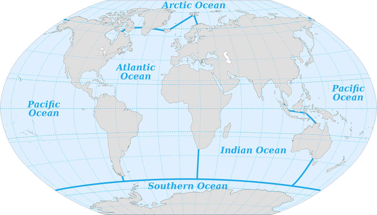 Map of the Oceans: Atlantic, Pacific, Indian, Arctic, Southern