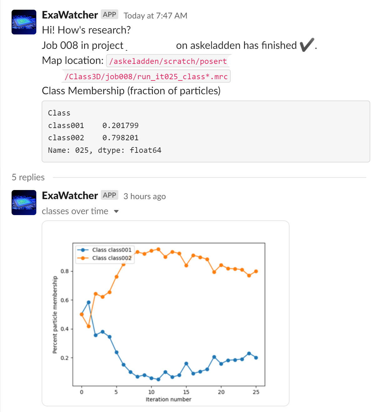 A screenshot of a 3D Class job processed with ExaWatcher