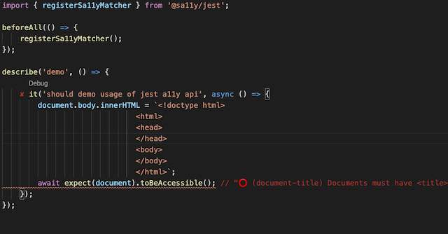 Screenshot showing Sa11y Jest API usage and a11y errors showing up in VSCode