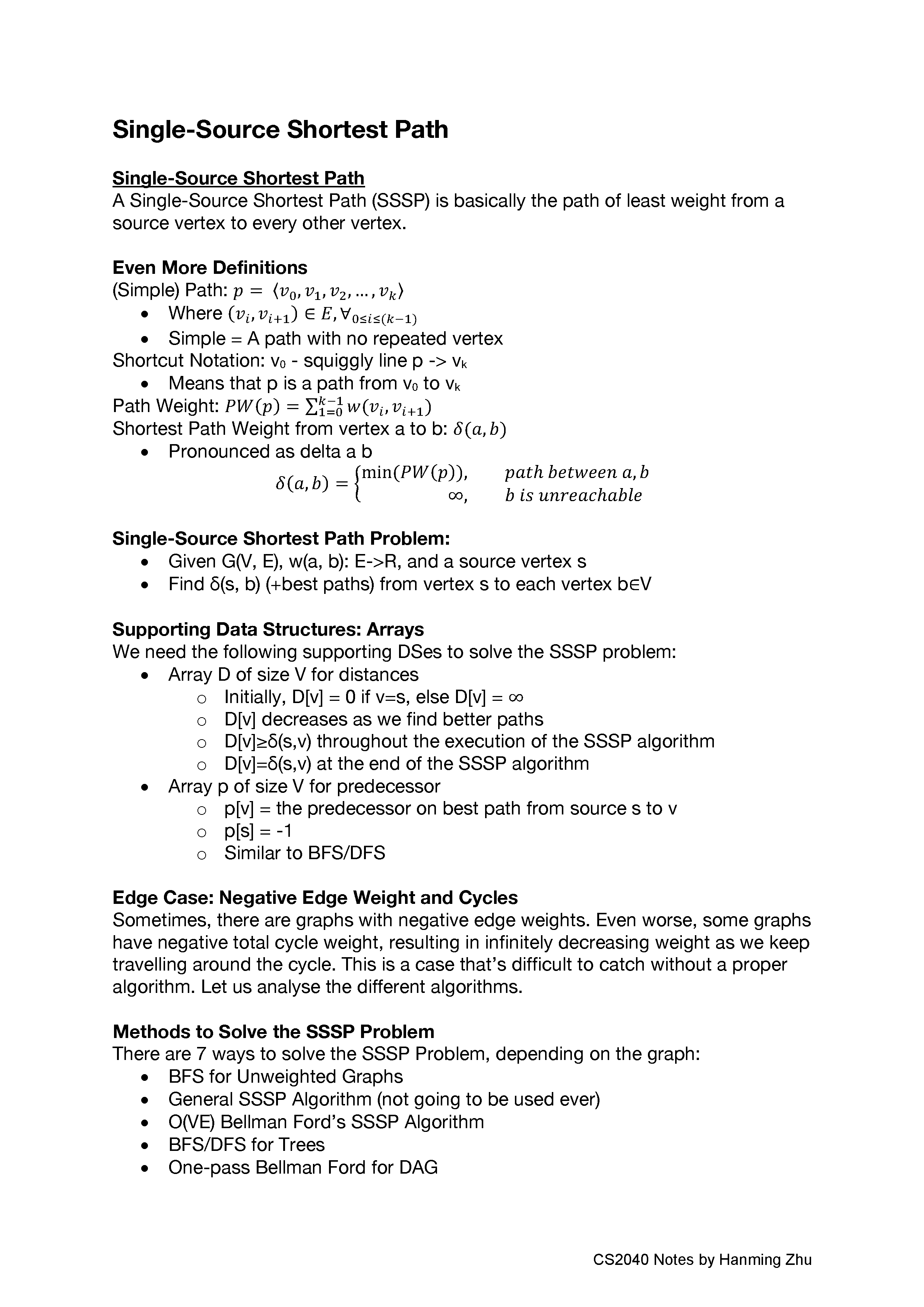 CS2040 Single Source Shortest Path Notes