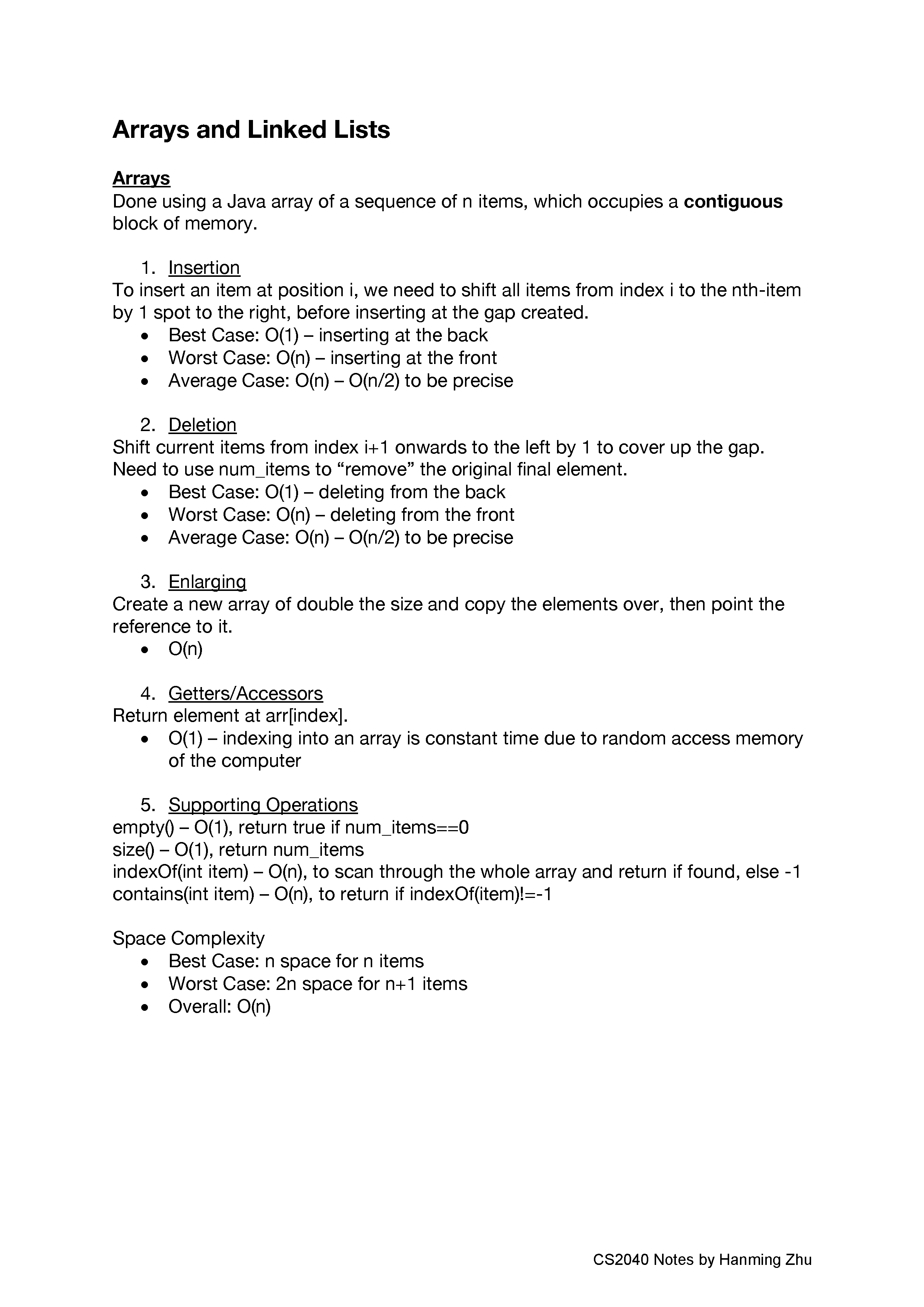 CS2040 Arrays and Linked Lists Notes