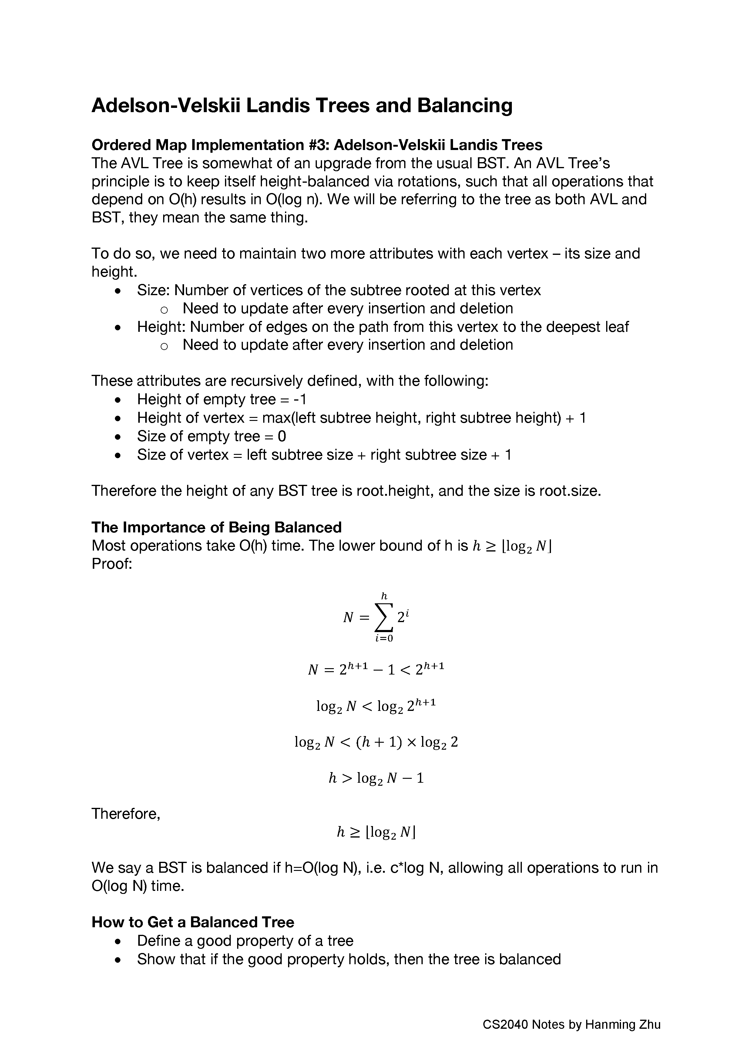 CS2040 AVL Trees and Balancing Notes