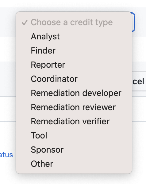 Maintainers can choose from multiple credit types, including Reporter, Remediation developer, and Sponsor. 