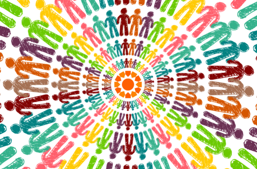 A graphic of multi-coloured hand drawn people in concentric circles to represent friends and family.