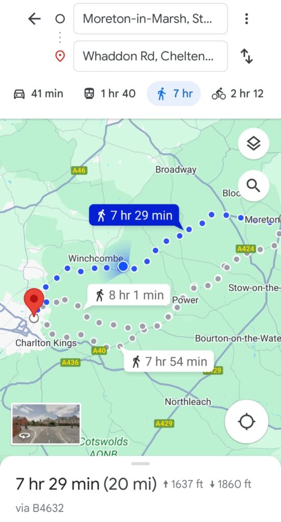 Map showing the walk from Moreton-in-Marsh to Cheltenham Town FC stadium.