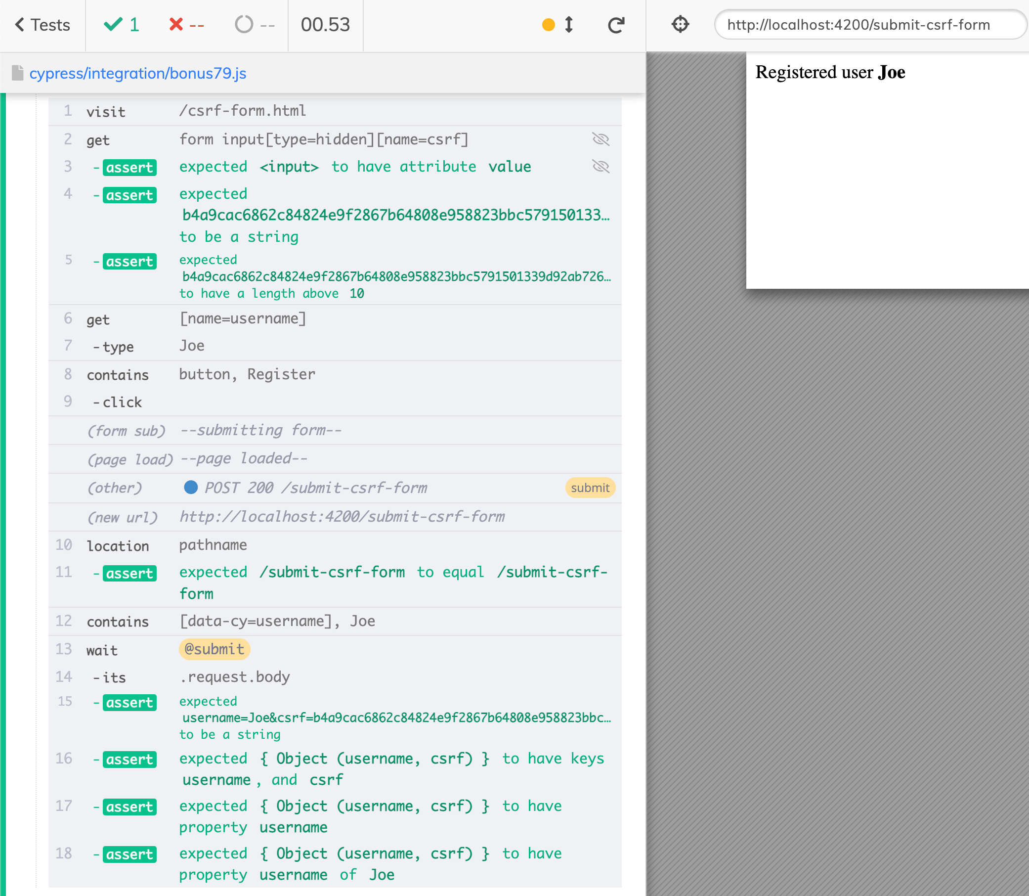 The test confirms the CSRF field is sent with the form