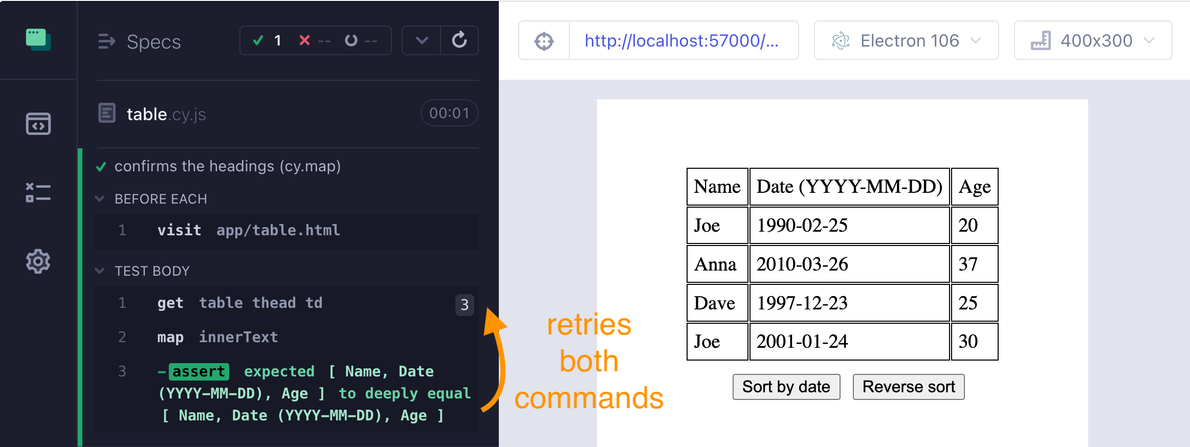 The test retries both query commands when the assertion fails