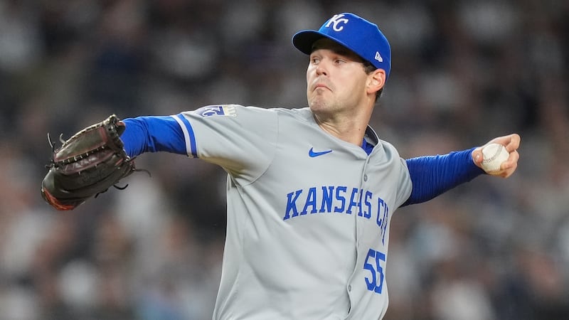 Kansas City Royals pitcher Cole Ragans delivers against the New York Yankees during the first...