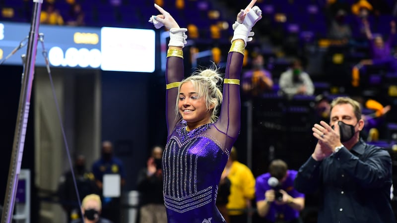 Olivia Dunne during a match against the Georgia Bulldogs at PMAC on 1 22, 2021 in Baton Rouge,...