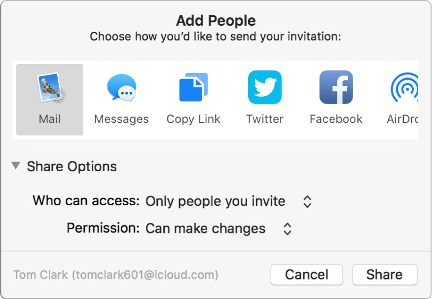 Add People window showing apps that you can use to make invitations and the options for sharing documents.