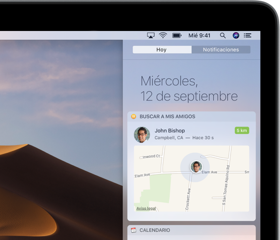 El widget “Buscar a mis amigos” en la vista Hoy del centro de notificaciones mostrando un mapa con la ubicación de un familiar o amigo.