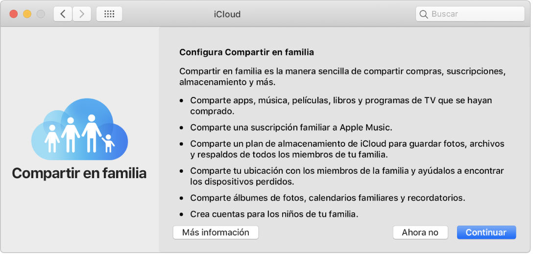 El panel "Compartir en familia" del panel de preferencias iCloud.