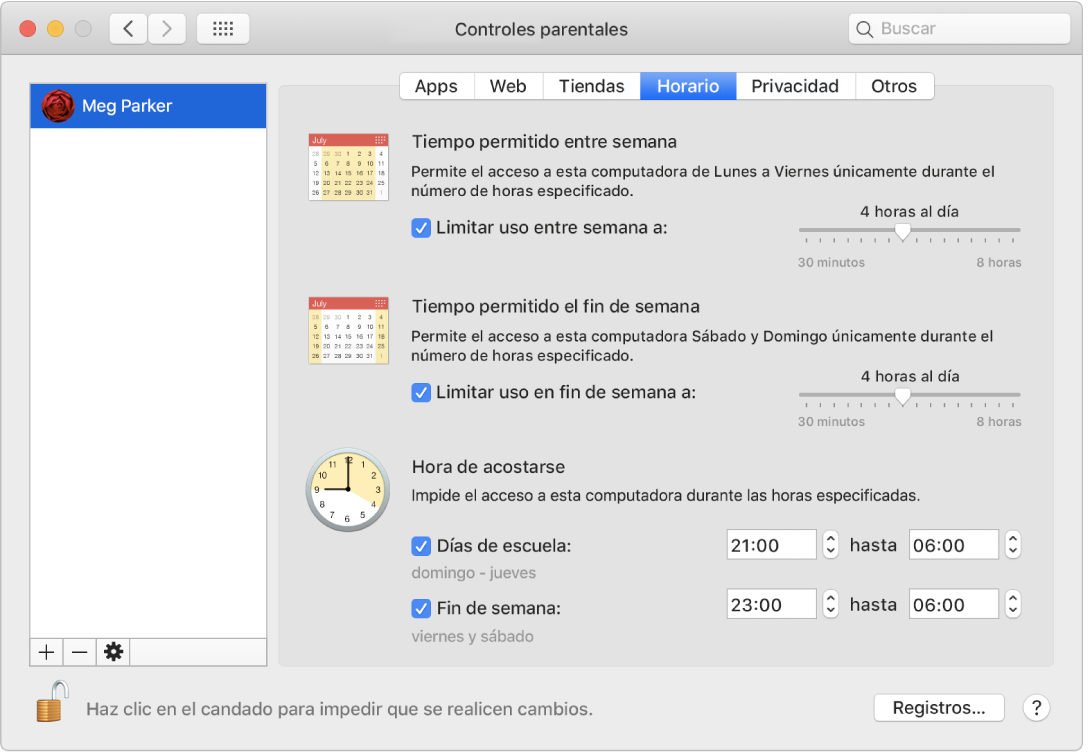 El panel "Límites de tiempo" del panel de preferencias "Controles parentales" mostrando los límites de tiempo de los días entre semana, los fines de semana y la hora de dormir.