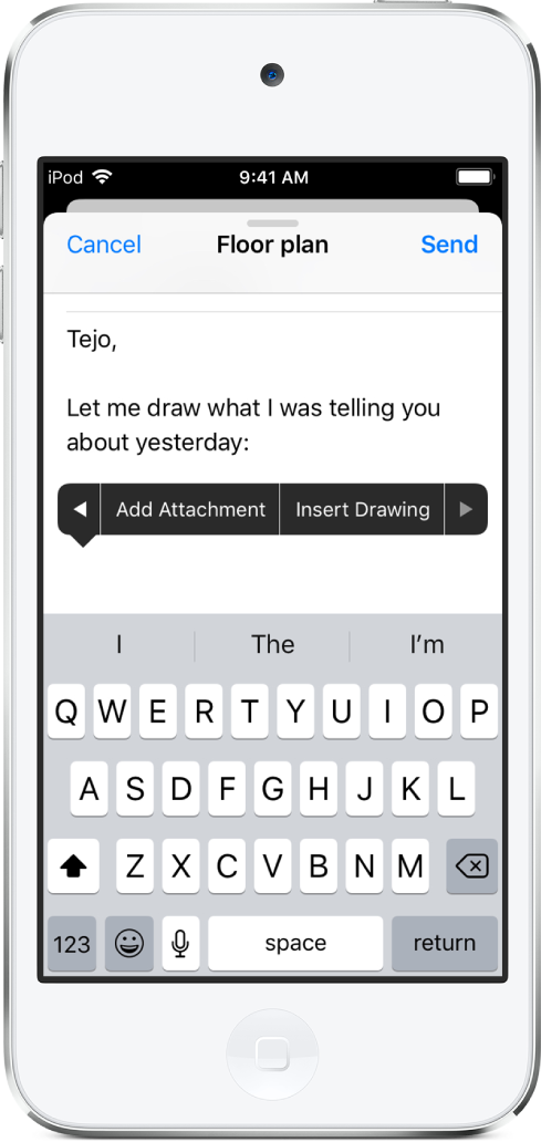 A screen showing how to begin to insert a drawing in the body of an email. In the email body the Add Attachment button appears next to the Insert Drawing button, which opens the drawing and annotation tools.