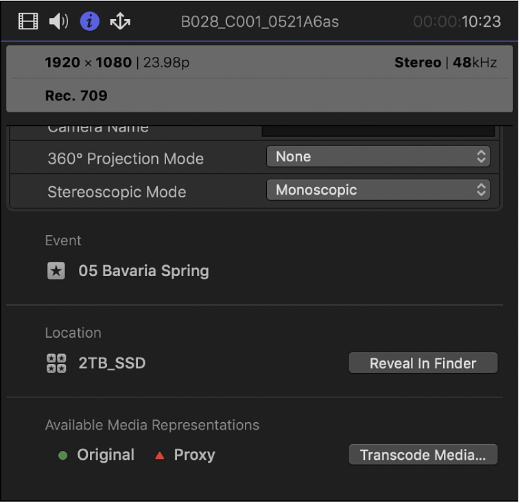 The Info inspector showing the Transcode Media button at the bottom