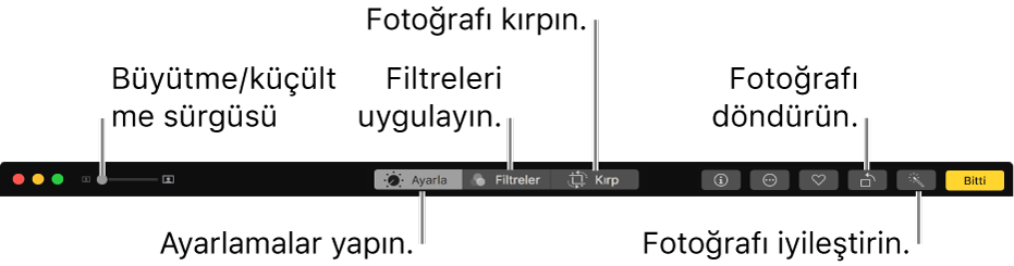 Ayarlamalar yapma, filtreler ekleme ve fotoğrafları kırpma düğmelerini gösteren Düzen araç çubuğu.