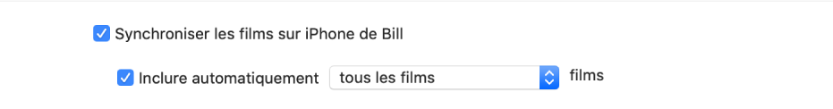 Les cases « Synchroniser les films sur [l’appareil] » et « Inclure automatiquement » sont cochées, et l’option « Tous les » est sélectionnée dans le menu local.