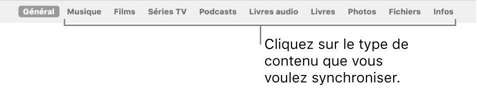 La barre des boutons affichant le bouton Général et les boutons de contenus comme la musique, les films, les séries TV et bien plus encore.