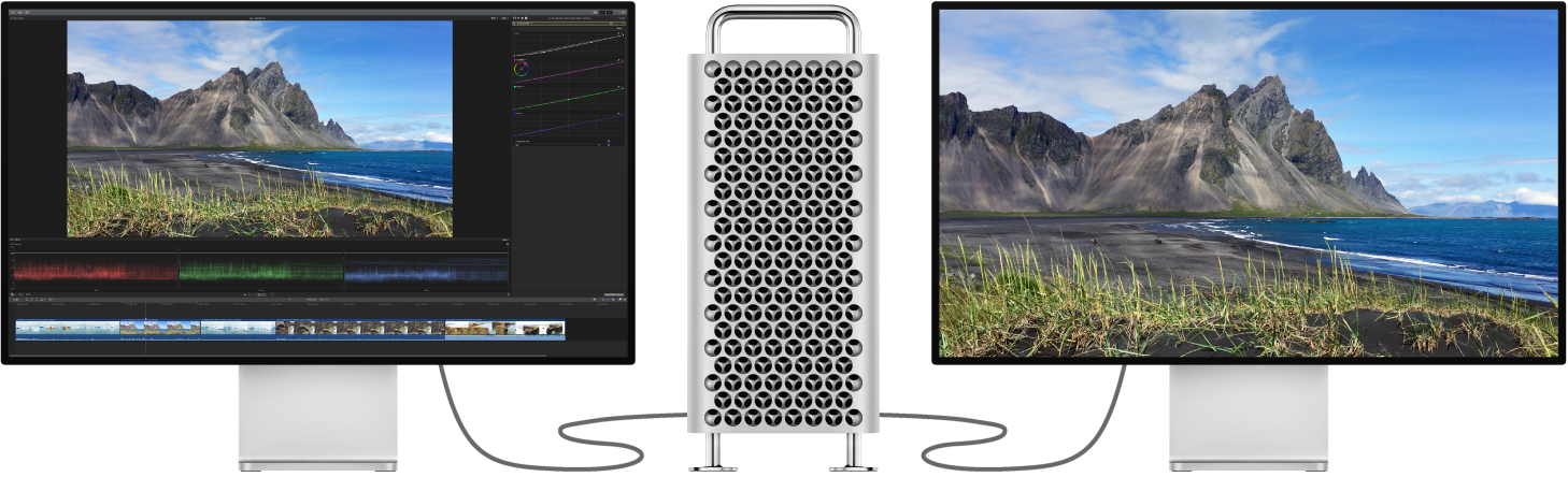 A Mac Pro with a connected Pro Display XDR showing the Final Cut Pro interface, and a second connected Pro Display XDR showing the viewer contents only