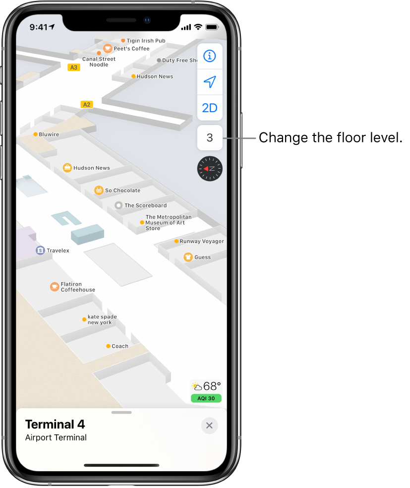 An indoor map of an airport terminal. The map shows businesses and boarding gates.