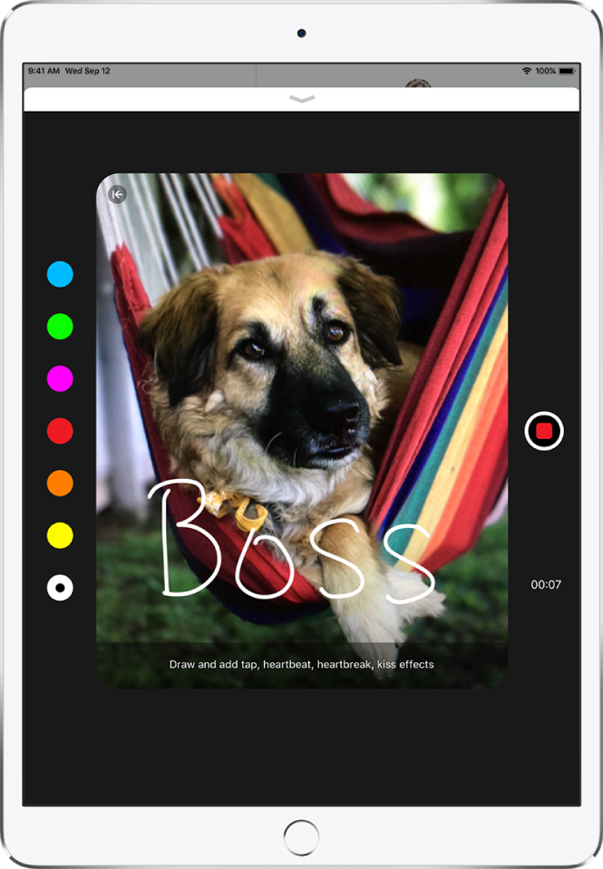 The drawing canvas with the Digital Touch sketch tools showing during a video recording. The color picker is on the left. The Record Video button is on the right.