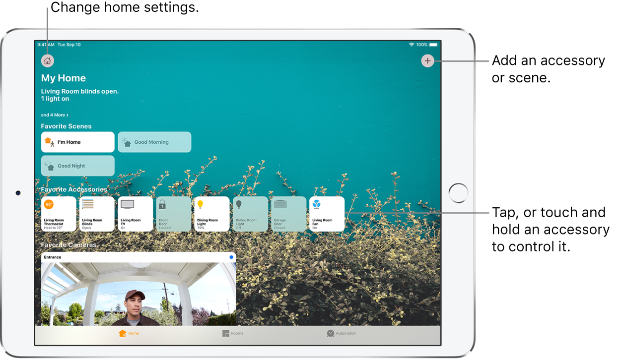The Home tab. At the top is a summary of the home’s status. Below that are scenes and accessories that have been marked as favorites. At the bottom are the Rooms and Automation tabs.