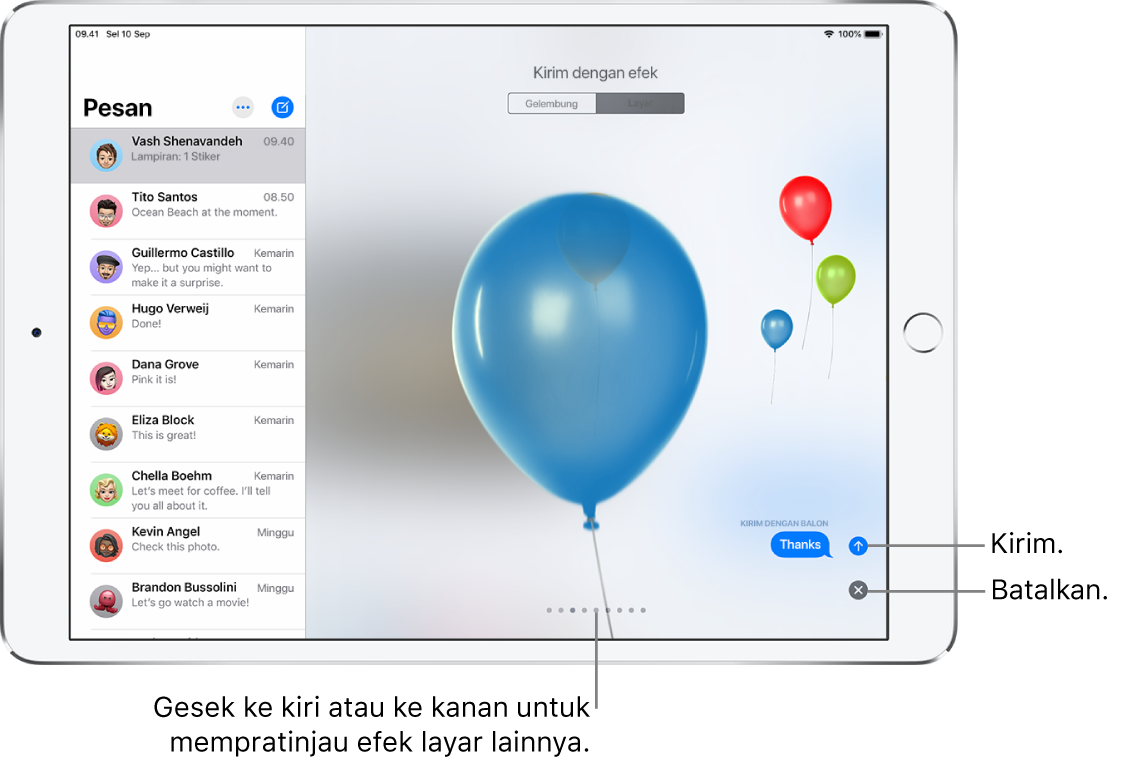 Pratinjau pesan menampilkan efek layar penuh dengan balon.