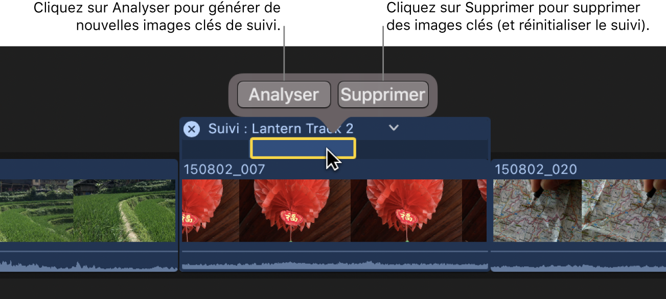 Images clés sélectionnées dans l’éditeur de suivi avec un bouton Analyser et un bouton Supprimer apparaissant au-dessus de la sélection