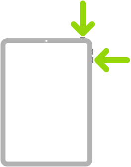 Az iPad két nyíllal, amelyek a jobb felső részen lévő felső gombra és hangerőgombra mutatnak.