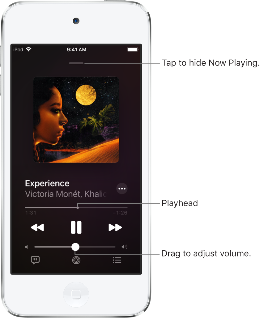 The Now Playing screen showing the album art. Below are the song title, artist name, More button, playhead, play controls, volume slider, Lyrics button, Playback Destination button, and Queue button. The Hide Now Playing button is at the top.