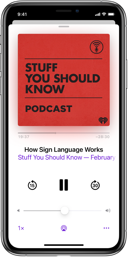 The playback controls on the Now Playing screen. Below the podcast artwork, drag the track position slider to rewind or move ahead. Below the episode title, there are buttons to rewind, play or pause, and fast forward. Below those is the volume control. In the bottom-left corner is the control for changing the playback speed. In the bottom-right corner is the More button.