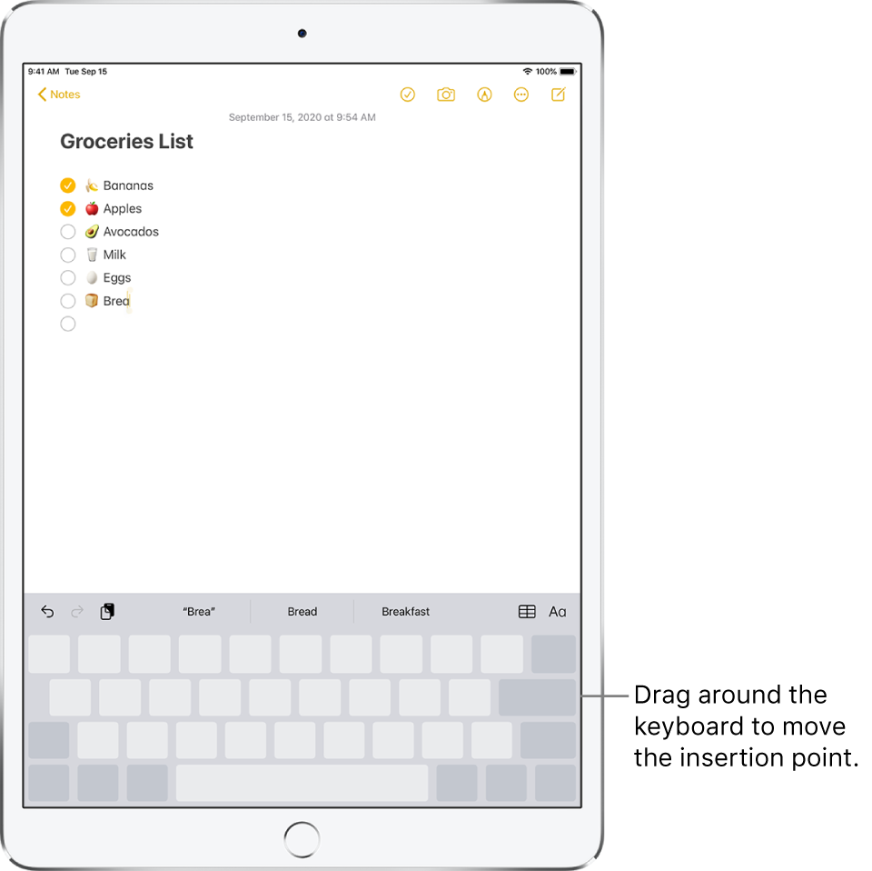 A note being edited after the keyboard has been turned into a trackpad. The keyboard is dimmed to show that it now works as a trackpad.