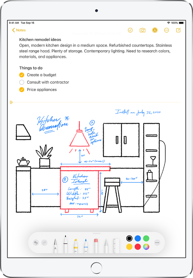 A hand-drawn sketch of a kitchen is shown with labels and measurements for a remodel. The Markup toolbar appears along the bottom of the screen, showing drawing tools and color selections.