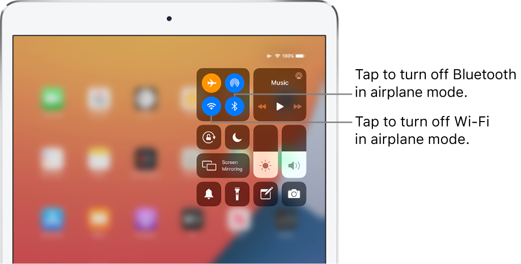 Control Center with airplane mode on, with callouts explaining that tapping the bottom-left button in the top-left group of controls turns off Wi-Fi and tapping the bottom-right button in that group turns off Bluetooth.