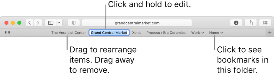 The Favorites bar with several bookmarks and a bookmarks folder in it. To edit a bookmark or folder in the bar, click and hold it. To rearrange items in the bar, drag them. To remove an item, drag it away from the bar.