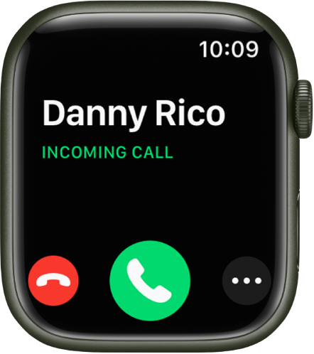 The Apple Watch screen when you receive a call: the name of the caller, the words “Incoming Call,” the red Decline button, the green Answer button, and the More Options button.