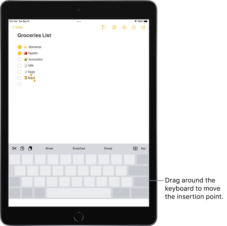 A note being edited after the keyboard has been turned into a trackpad. The keyboard is dimmed to show that it now works as a trackpad.