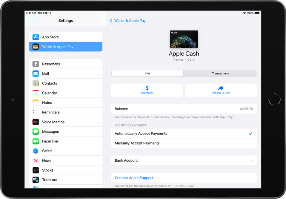 The details screen of the Apple Cash card, Add Money button and Transfer to Bank button at the middle right, above the balance.