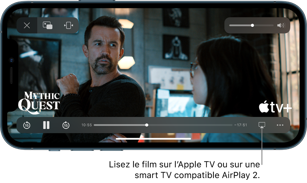 Un film en cours de lecture sur l’écran de l’iPhone. En bas de l’écran se trouvent les commandes de lecture, avec notamment le bouton AirPlay en bas à droite.