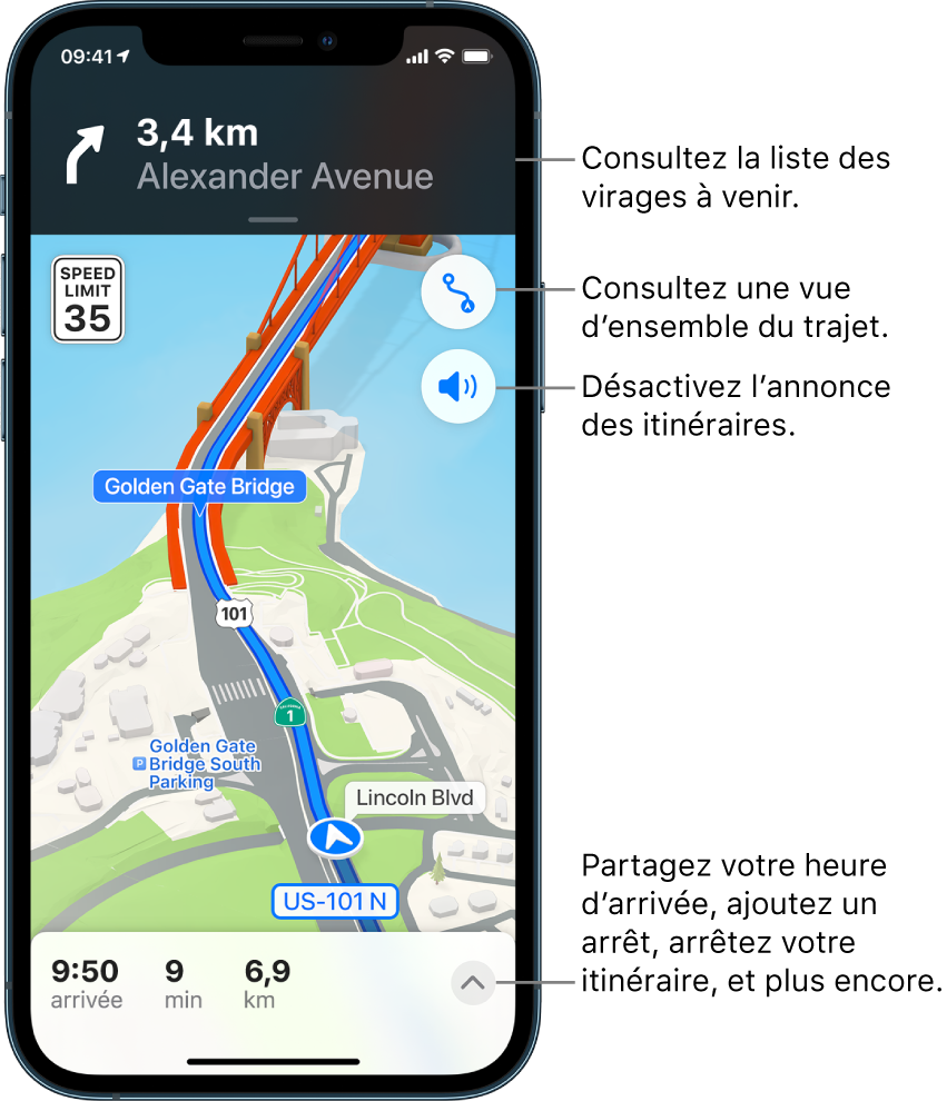 Un plan affichant un itinéraire en voiture passant par un pont.