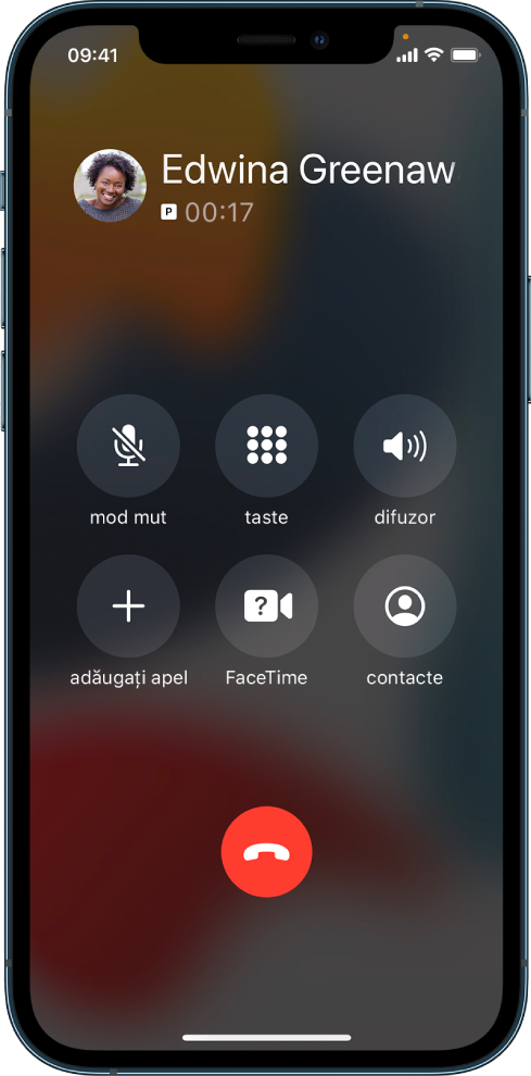 Ecranul Telefon afișând butoanele pentru opțiunile din timpul unui apel. Pe rândul de sus, de la stânga la dreapta se află butoanele pentru modul mut, taste și difuzor. Pe rândul de jos, de la stânga la dreapta se află butoanele pentru adăugarea unui apel, FaceTime și contacte.