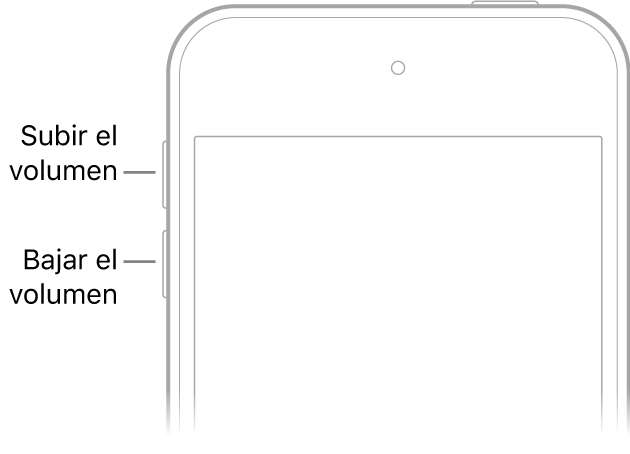 El área superior del frente del iPod touch con los botones para subir y bajar volumen en la parte superior izquierda.
