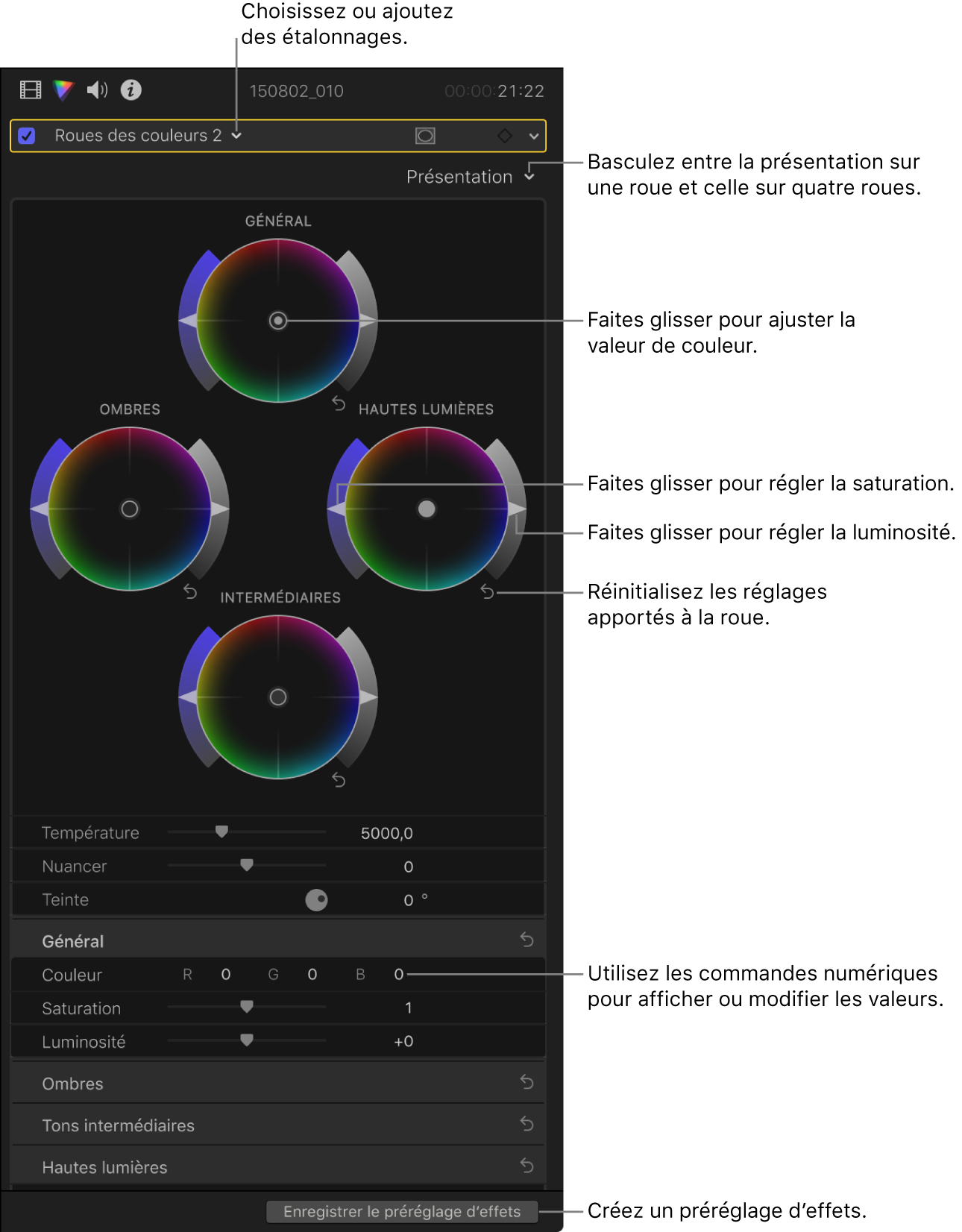 Commandes des roues des couleurs dans l’inspecteur de couleur