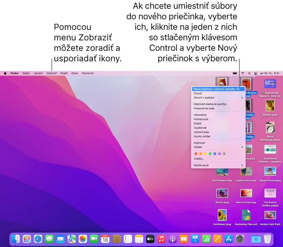 Plocha zobrazujúca súbory a priečinky. Vybratých je niekoľko súborov, ktoré sa umiestnia do nového priečinka. Kliknutie so stlačeným klávesom Control na vybratý súbor zobrazuje vyskakovacie menu a vybratý je Nový priečinok s výberom.