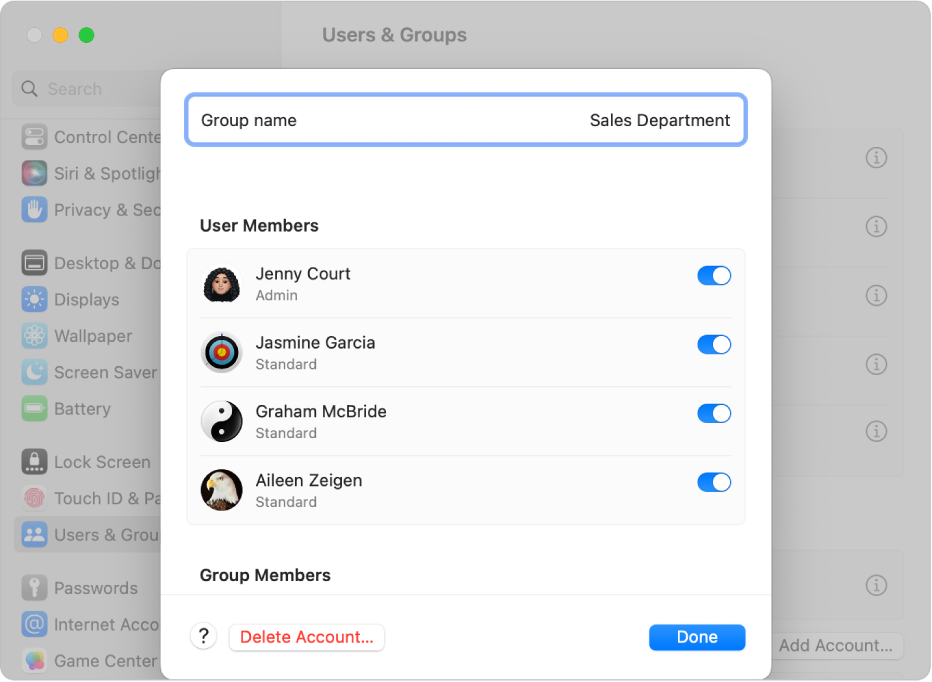 Options for a group in Users & Groups settings. To the right of each user is the option to include or exclude the user from the group. Along the bottom are the Help, Delete Account, and Done buttons.