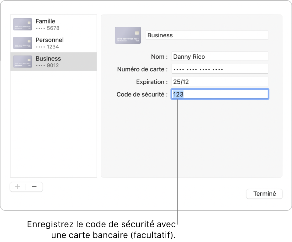 Formulaire d’une carte bancaire comportant des champs permettant de saisir le nom, le numéro de carte, la date d’expiration et le code de sécurité.